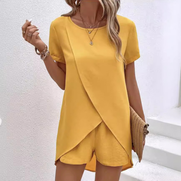 Felora – Short Sleeve Overlap Top &amp; Shorts Set