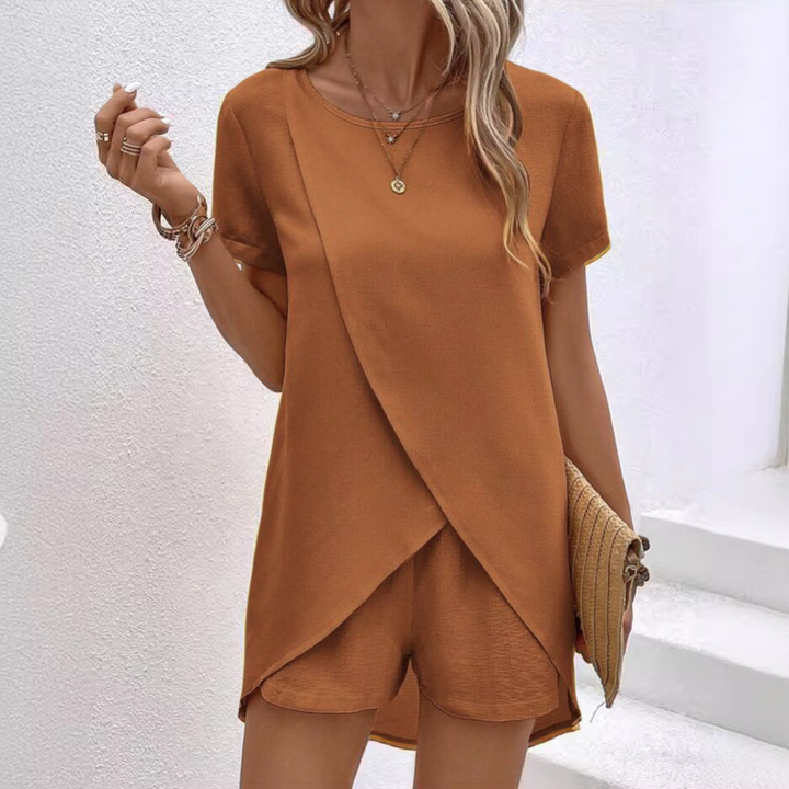 Felora – Short Sleeve Overlap Top &amp; Shorts Set