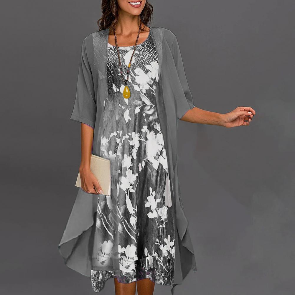 Nolana – Floral Midi Dress &amp; Sheer Overlay Set