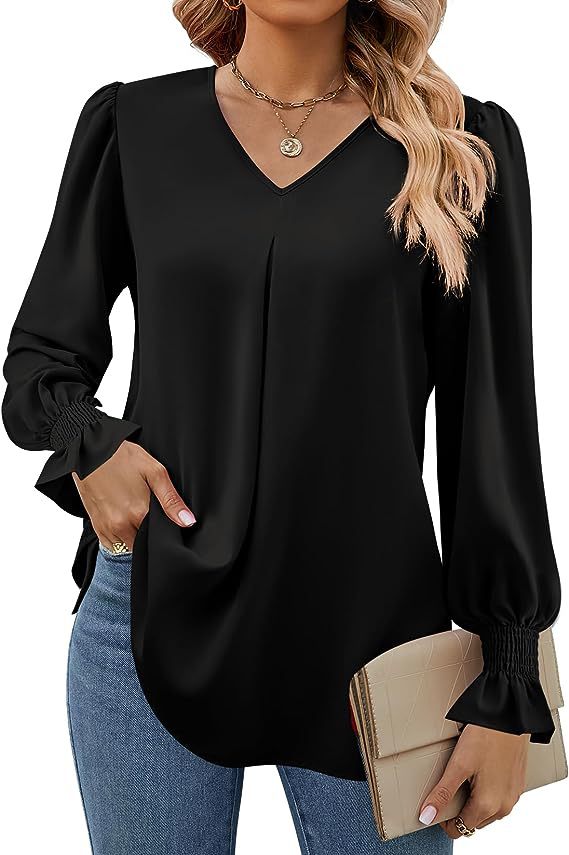 Narella – Shirred Cuff V-Neck Blouse