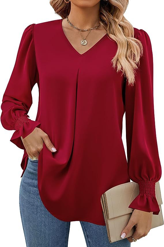Narella – Shirred Cuff V-Neck Blouse