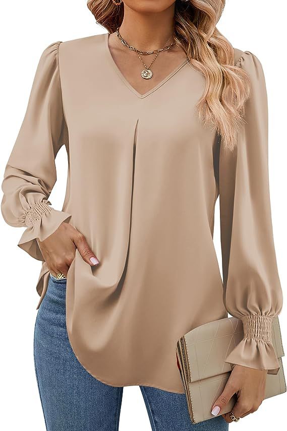 Narella – Shirred Cuff V-Neck Blouse
