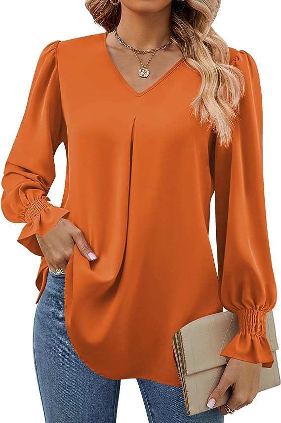 Narella – Shirred Cuff V-Neck Blouse