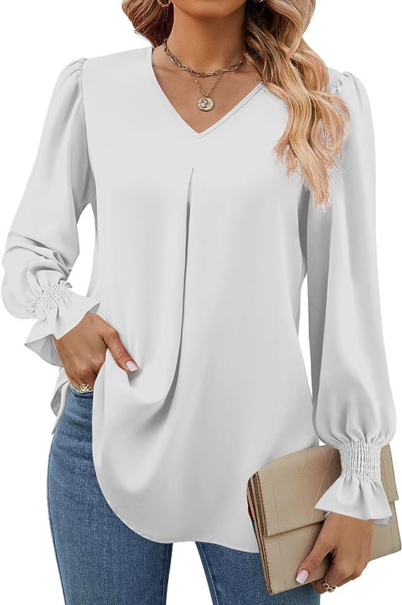 Narella – Shirred Cuff V-Neck Blouse
