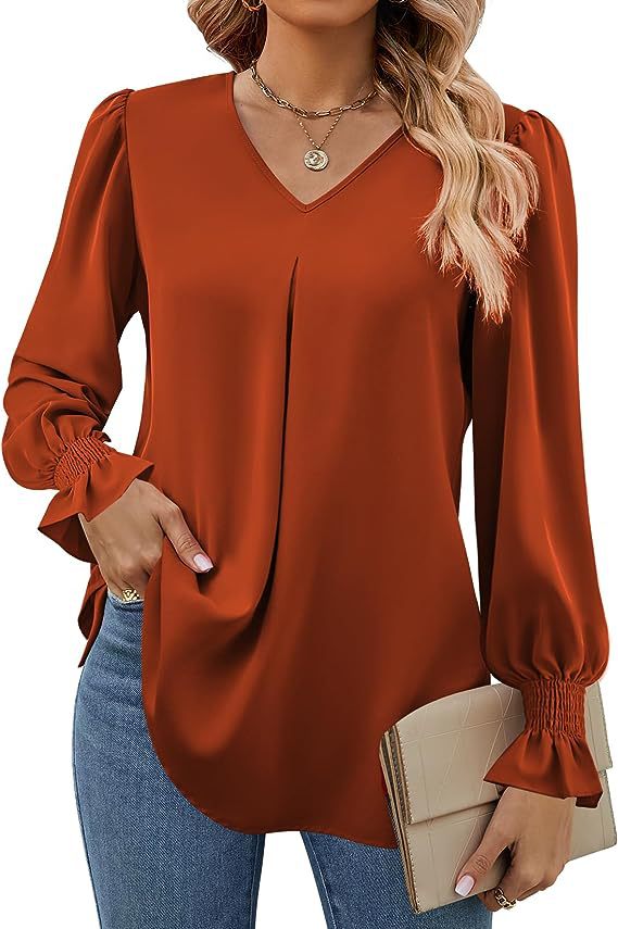 Narella – Shirred Cuff V-Neck Blouse