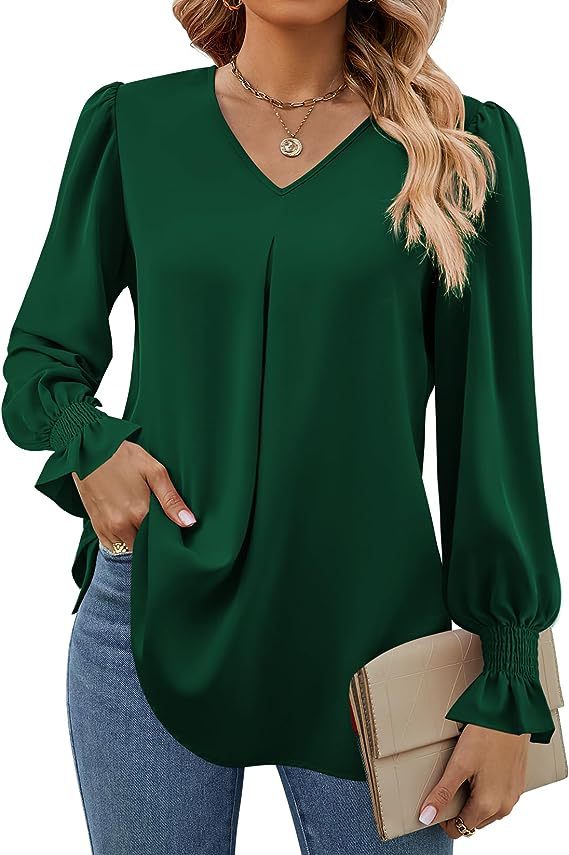 Narella – Shirred Cuff V-Neck Blouse
