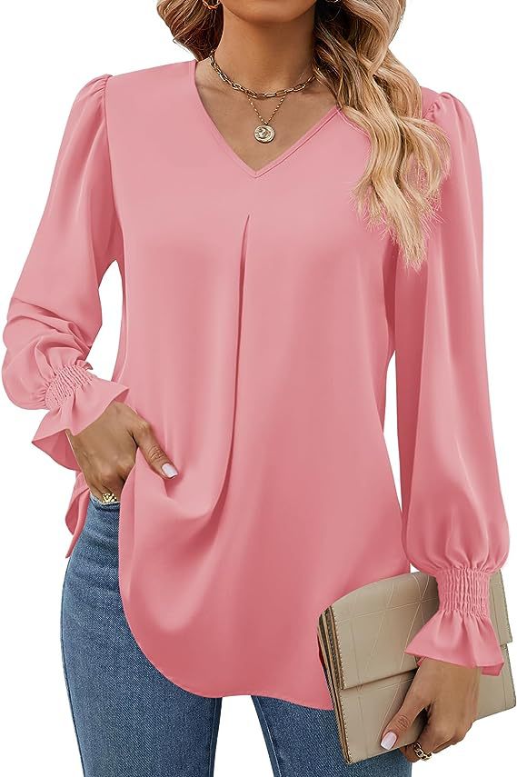 Narella – Shirred Cuff V-Neck Blouse