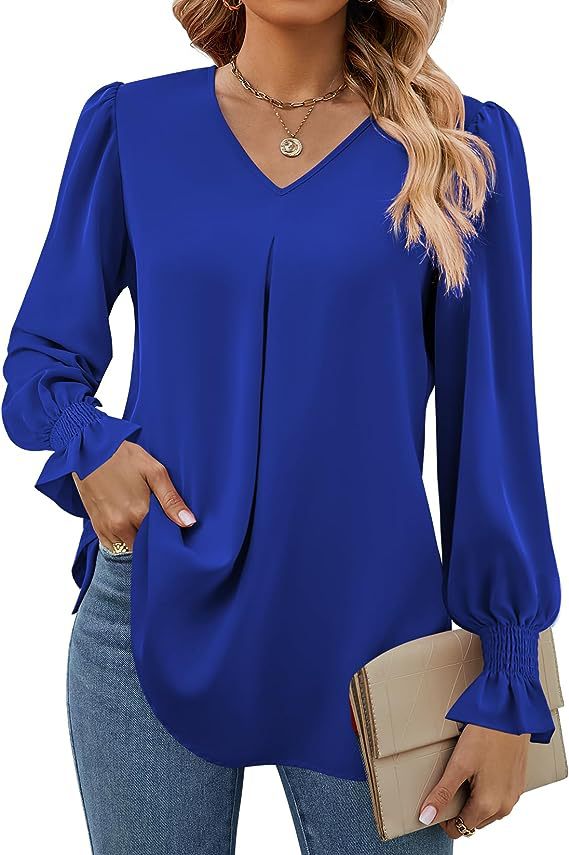 Narella – Shirred Cuff V-Neck Blouse