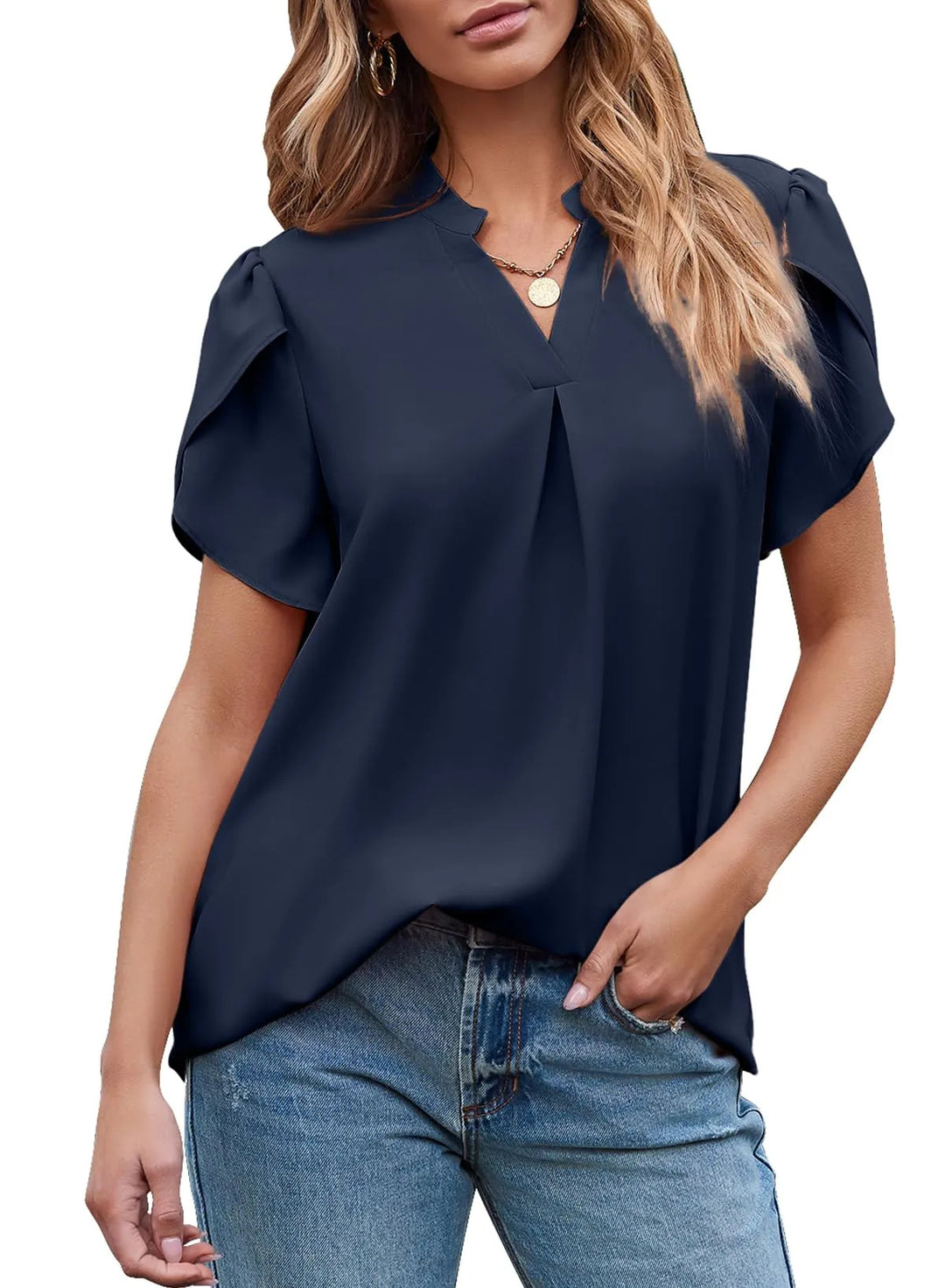 Noelle – Pleated Sleeve V-Neck Blouse