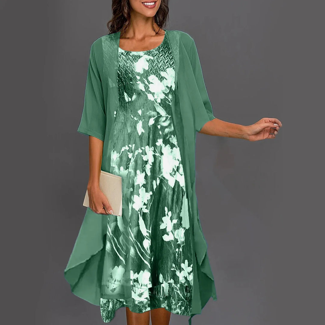 Nolana – Floral Midi Dress &amp; Sheer Overlay Set