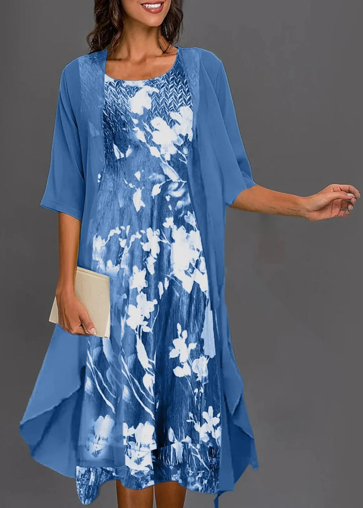 Nolana – Floral Midi Dress &amp; Sheer Overlay Set