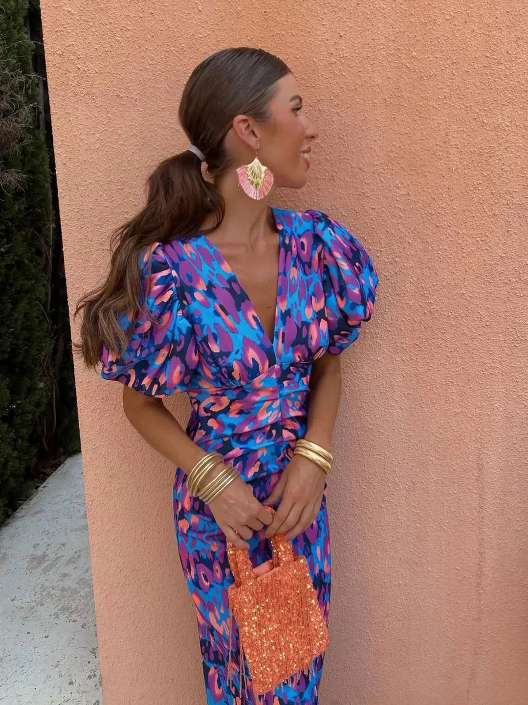 Arielle – Colourful Midi Dress with Pleated Sleeves