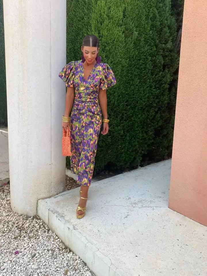 Arielle – Colourful Midi Dress with Pleated Sleeves