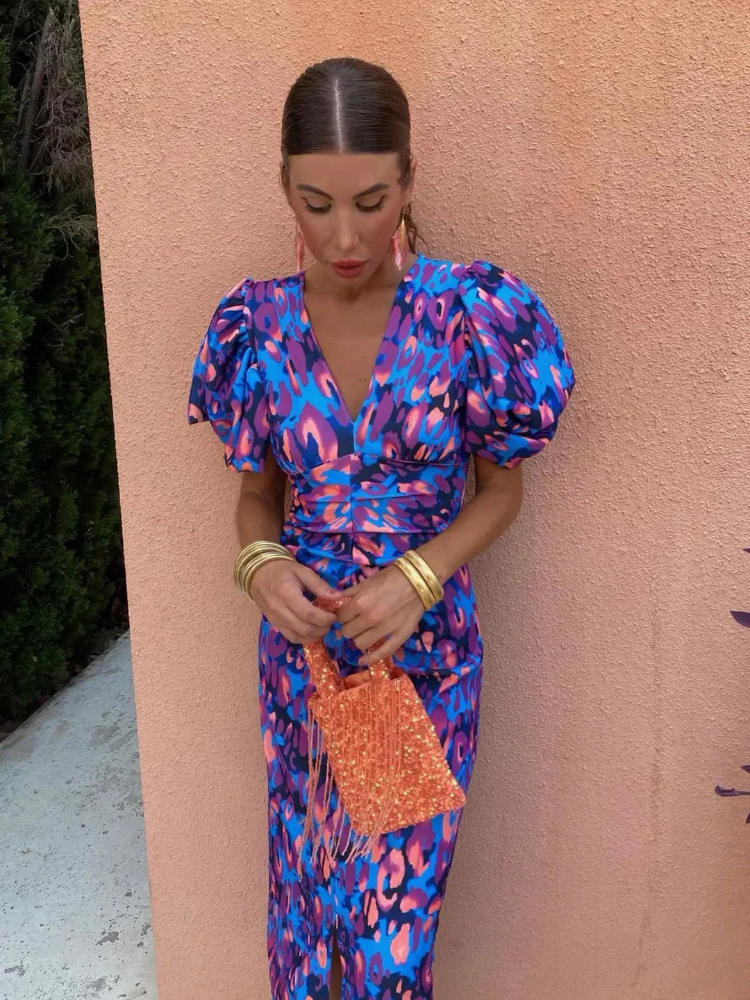 Arielle – Colourful Midi Dress with Pleated Sleeves