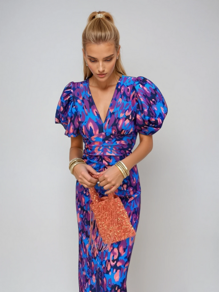 Arielle – Colourful Midi Dress with Pleated Sleeves